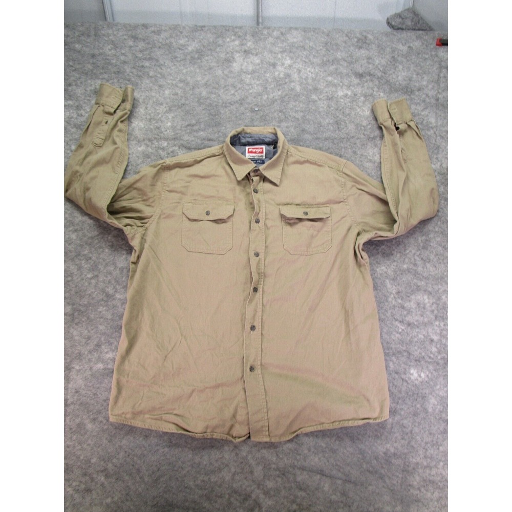 Wrangler Shirt Mens Large button up long Sleeve chest pocket Tan Comfort Flex
